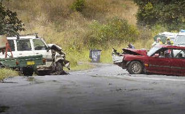 The male driver of the red car died in this head-on crash on the Nimbin Road at Coffee Camp. The male driver of the red car died in this head-on crash on the Nimbin Road at Coffee Camp.